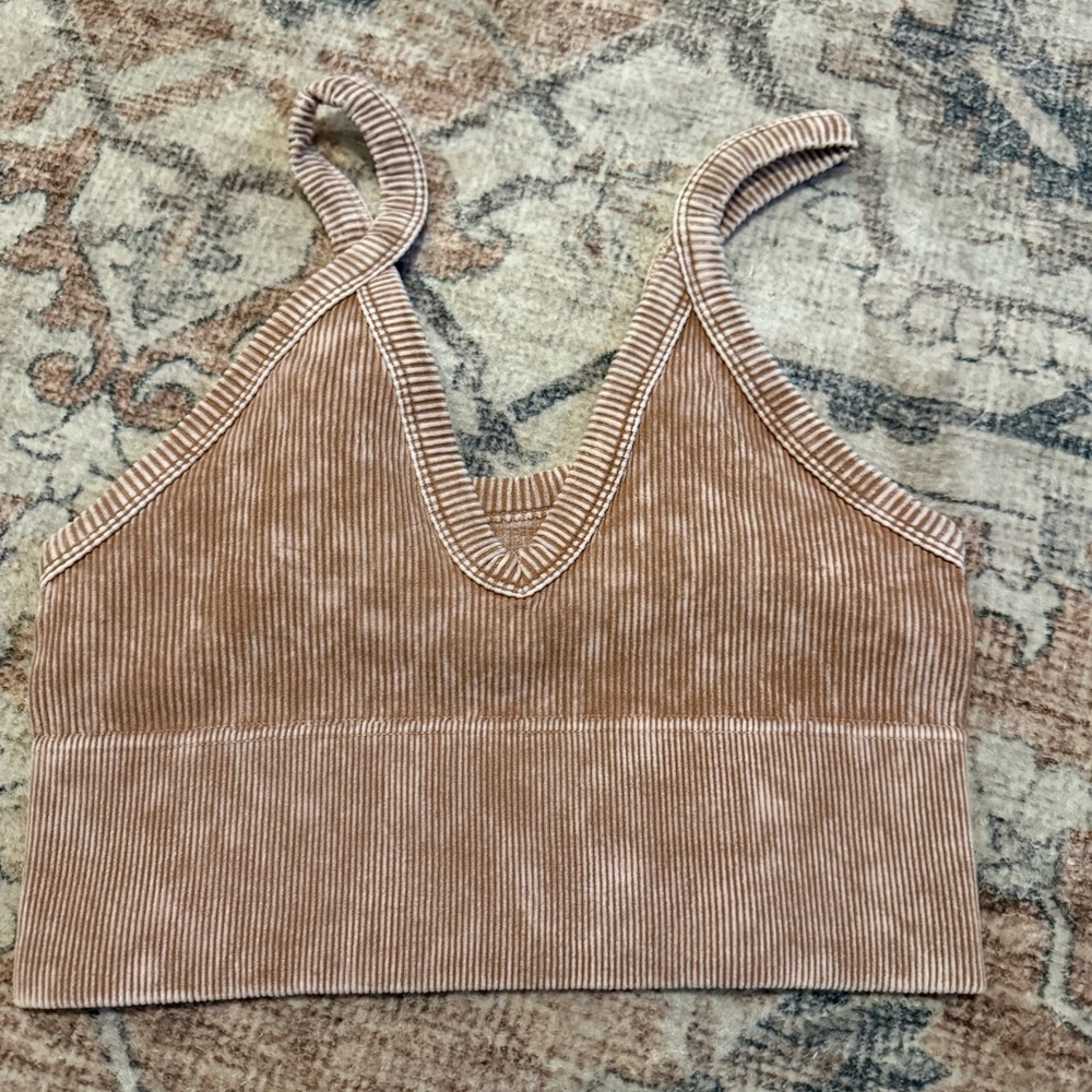 Zenana Outfitters Ribbed V-Neck Crop Tank in Toasted Tan